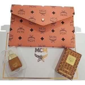 MCM Cognac Envelope  Monogram Clutch New With Box Gift Set